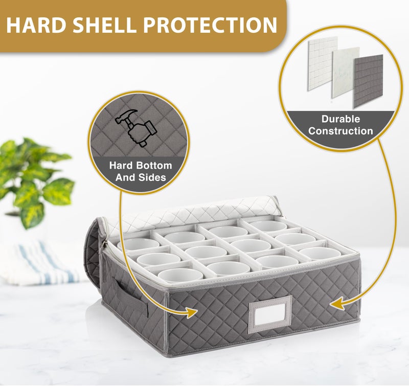 StackStorePlusMore Stack Store Plus More China Cup Storage Chest - Quilted Fabric Container in Gray Measuring 16" x 13" x 6"H - Perfect Storage Case for Coffee Mugs - Tea Cups - Mason Jars - Glassware - Image 3